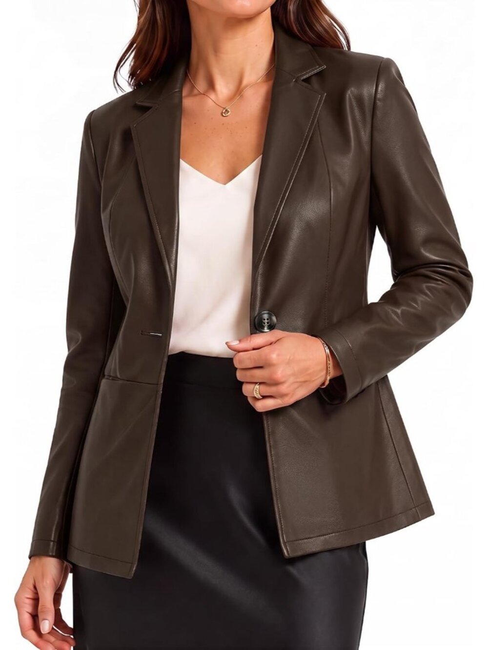 Women's Brown Faux Leather Lightly Fitted Silhouette Blazer Dress Suit Jackets